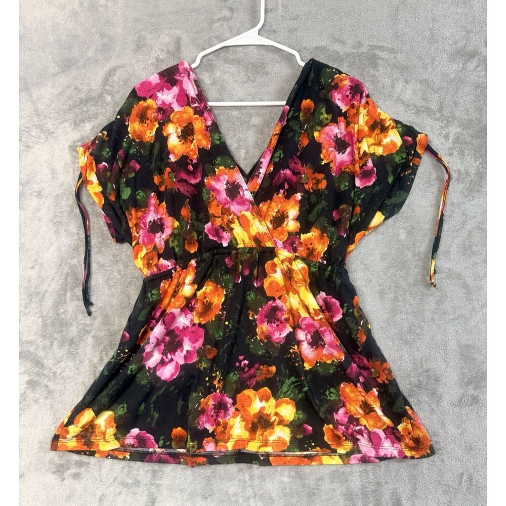 Pure Energy Top 2, 2X Womens Plus Size Black Pink Orange V Neck Tie Waist